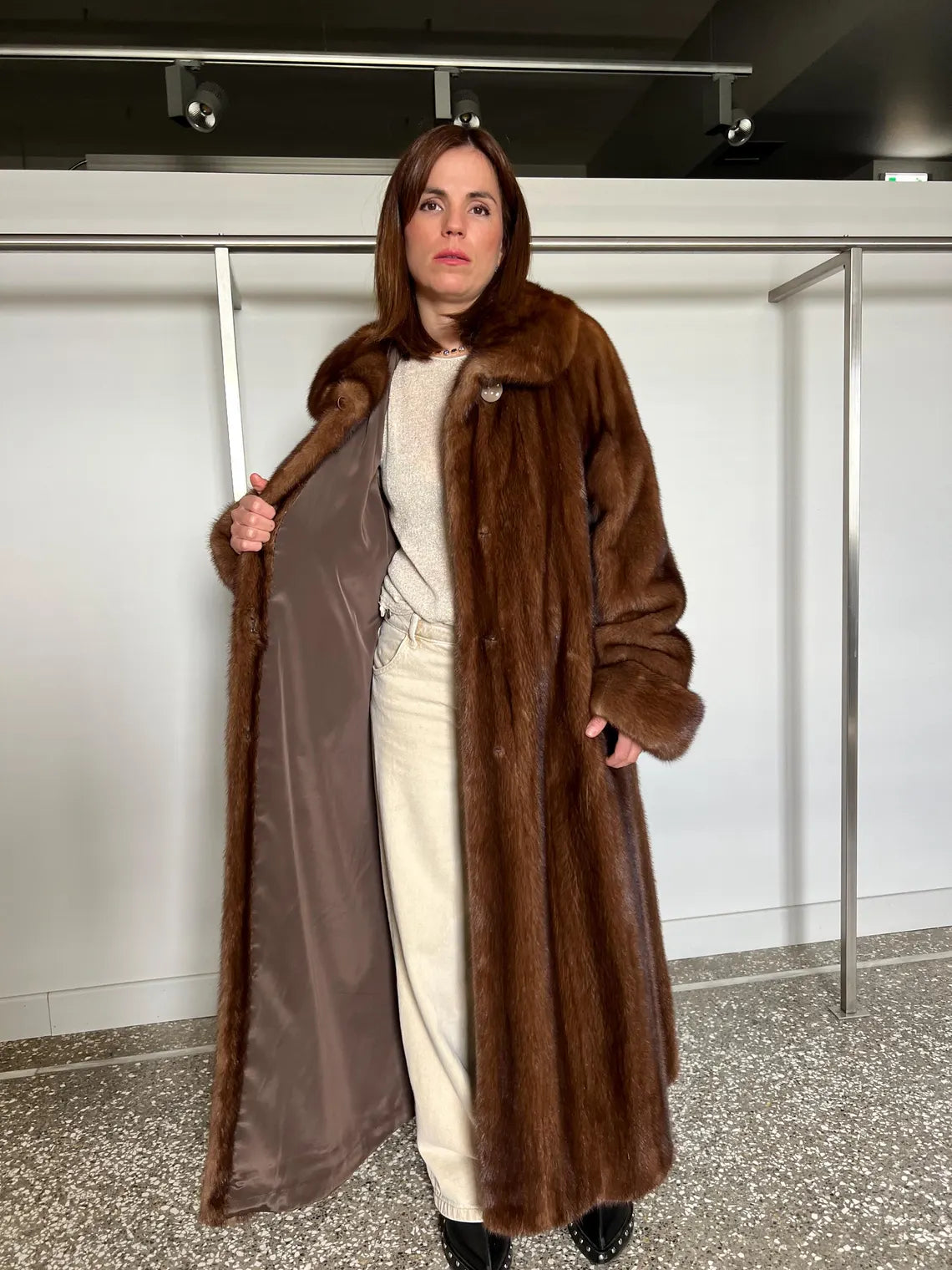 Handmade Demi Buff Mink Fur Coat, Brown Collared Long Stroller, Made in Greece