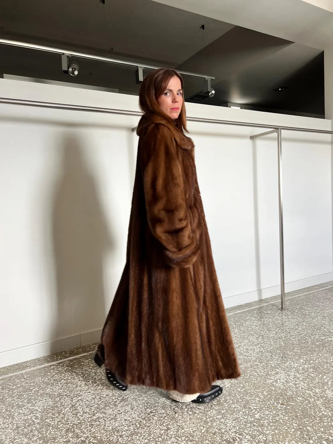 Handmade Demi Buff Mink Fur Coat, Brown Collared Long Stroller, Made in Greece