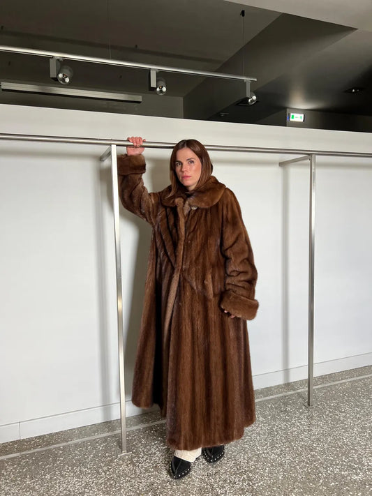 Handmade Demi Buff Mink Fur Coat, Brown Collared Long Stroller, Made in Greece