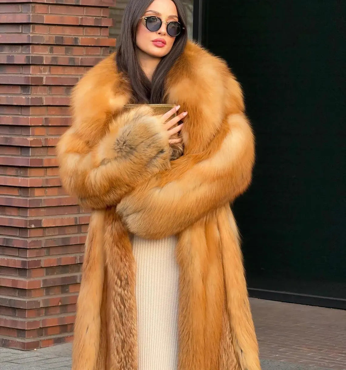 handmade women real red fox fur long coat luxury winter outwear jacket