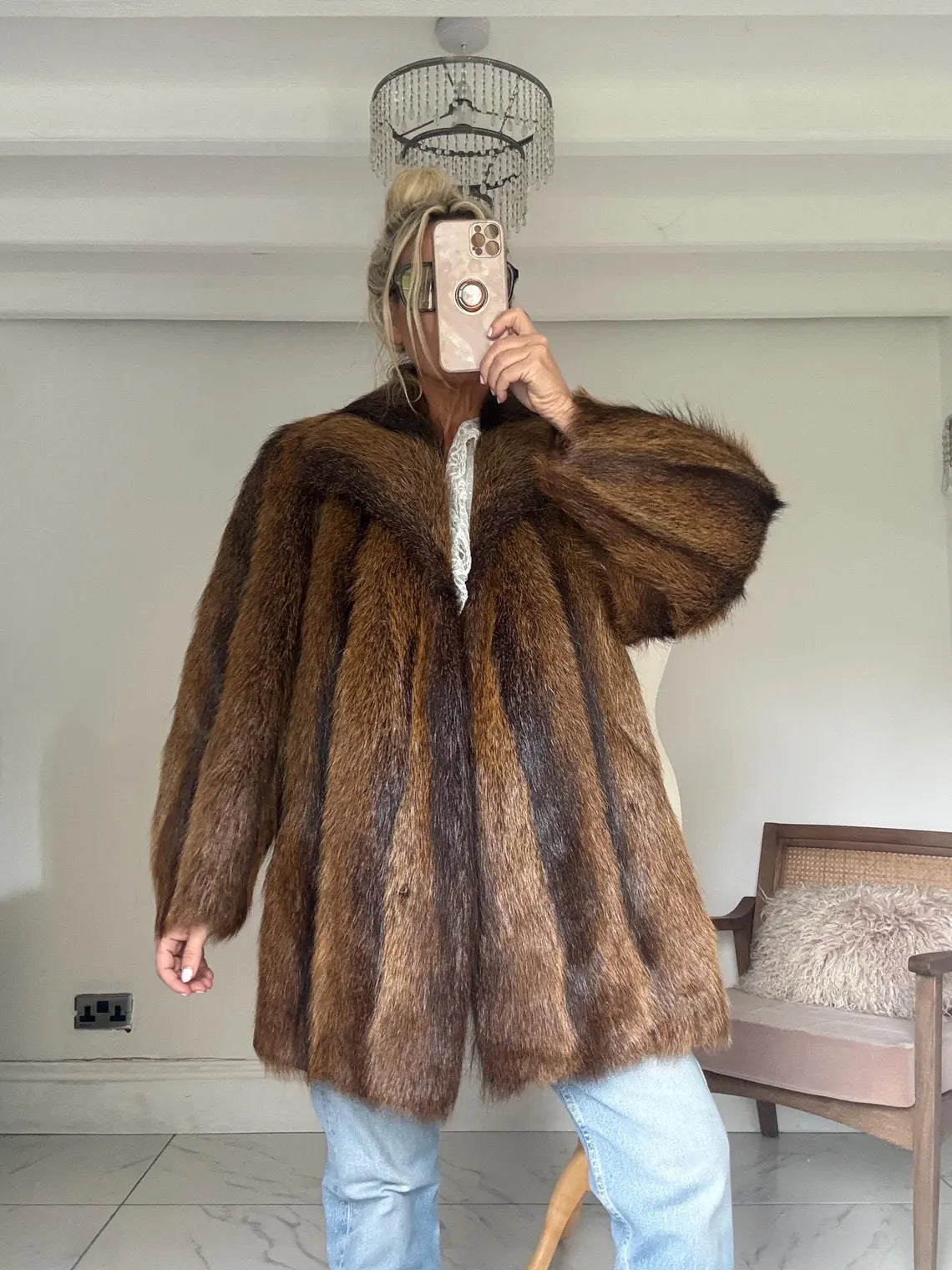 Vintage brown raccoon fur coat