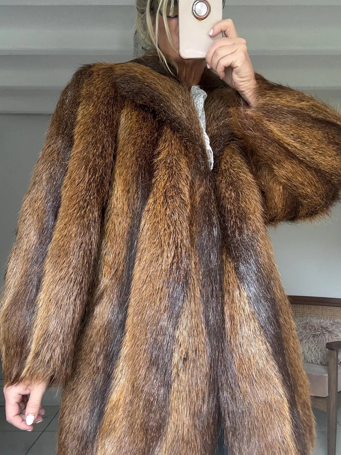 Vintage brown raccoon fur coat