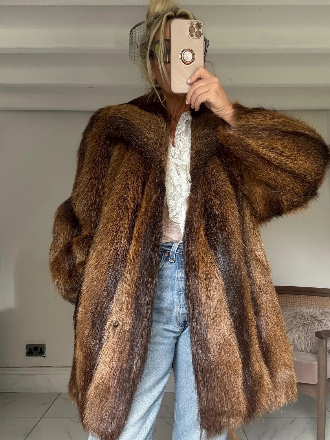 Vintage brown raccoon fur coat