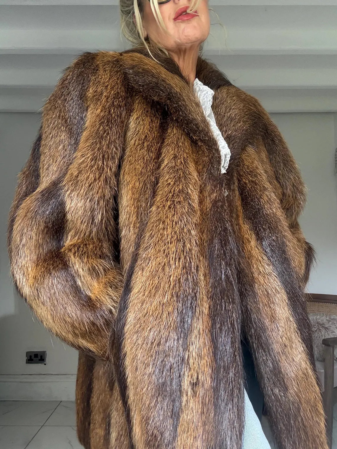 Vintage brown raccoon fur coat
