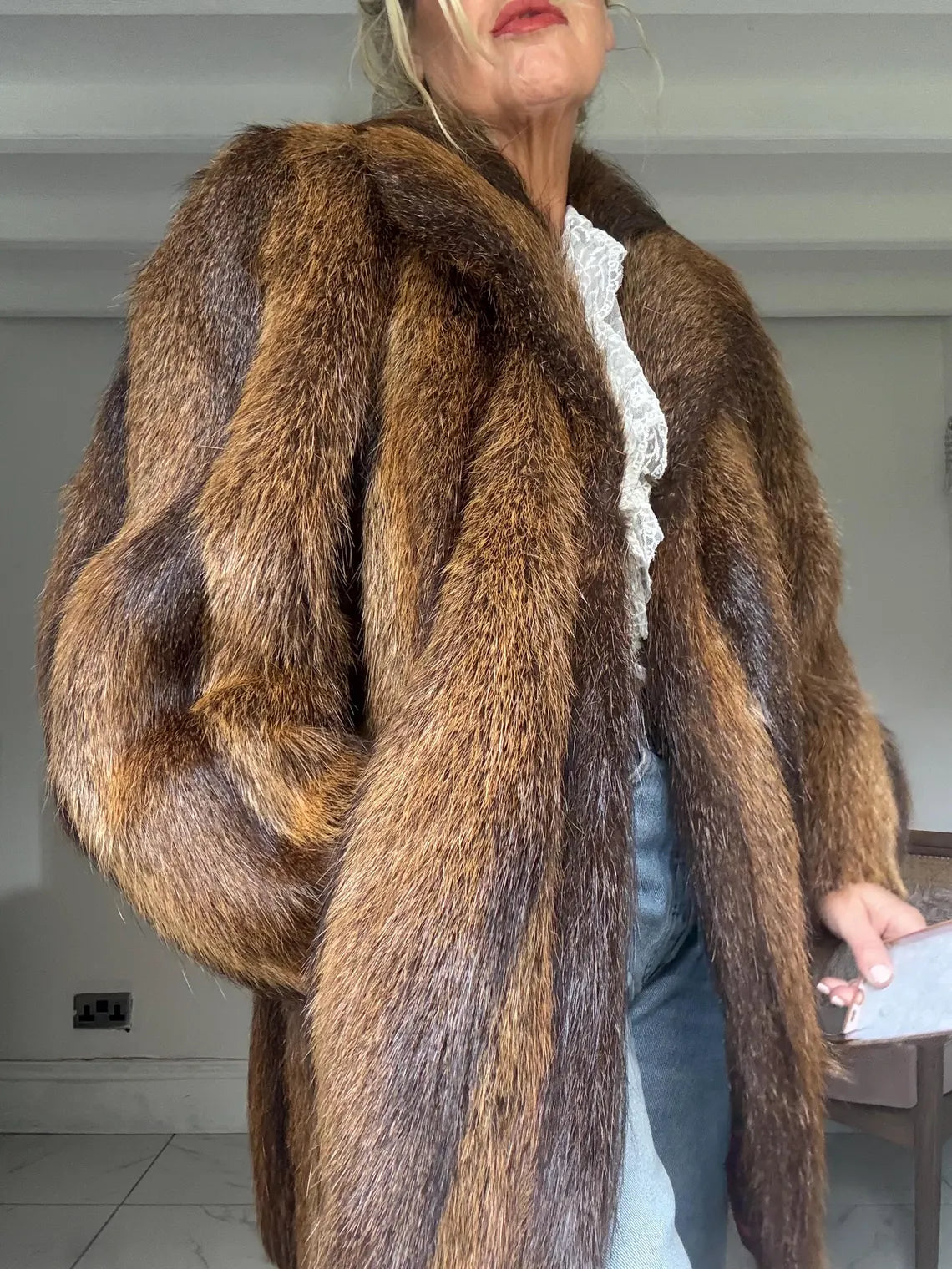 Vintage brown raccoon fur coat